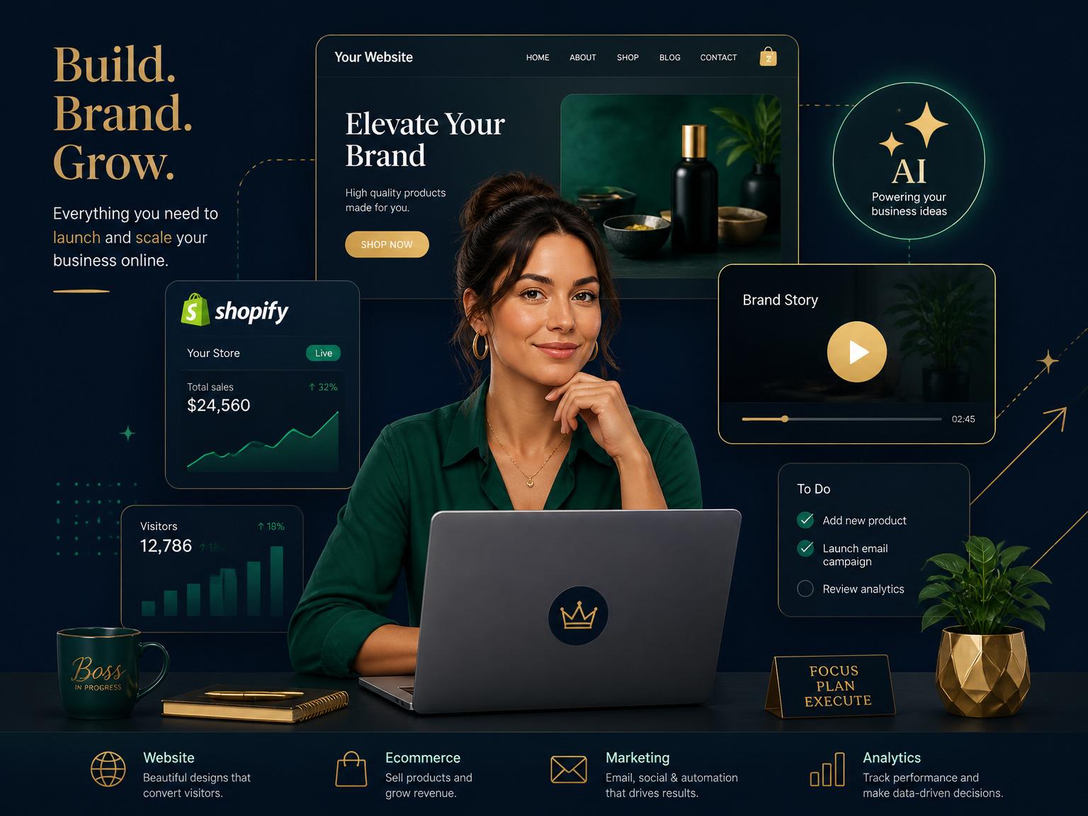 Business owner using laptop surrounded by website, shopify store, video and AI dashboards
